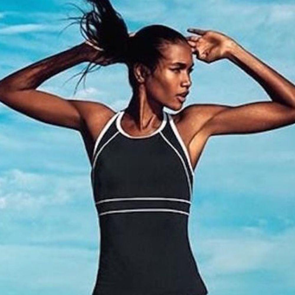 Land’s End shelf bra high neck one piece swimsuit black white piping trim 10